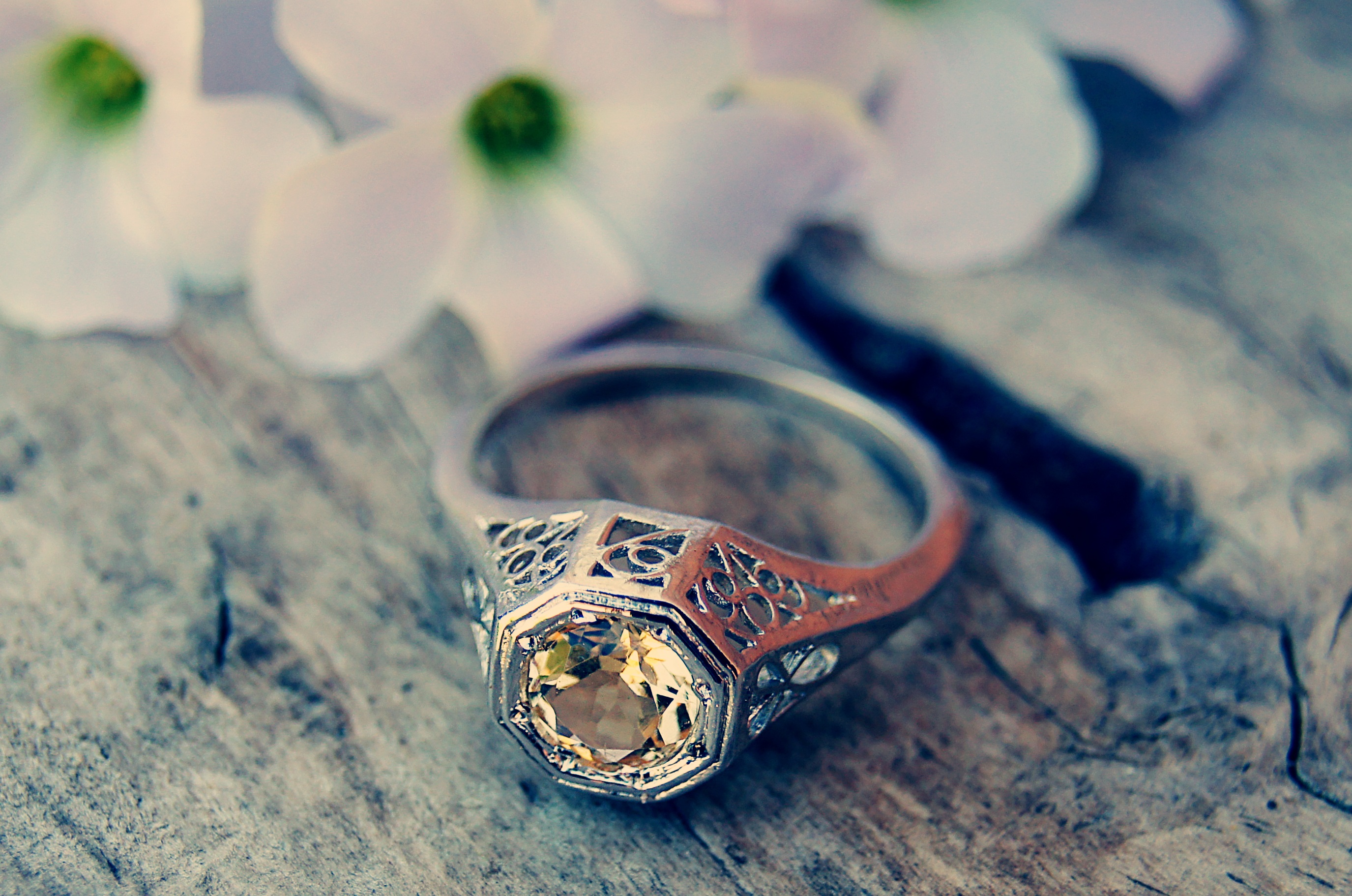 vintage ring, yellow diamond, white gold ring, silver ring, silver engagement ring, white gold engagement ring, die-struck ring, flowers, ring on shelf, ring on bench, antique ring,
