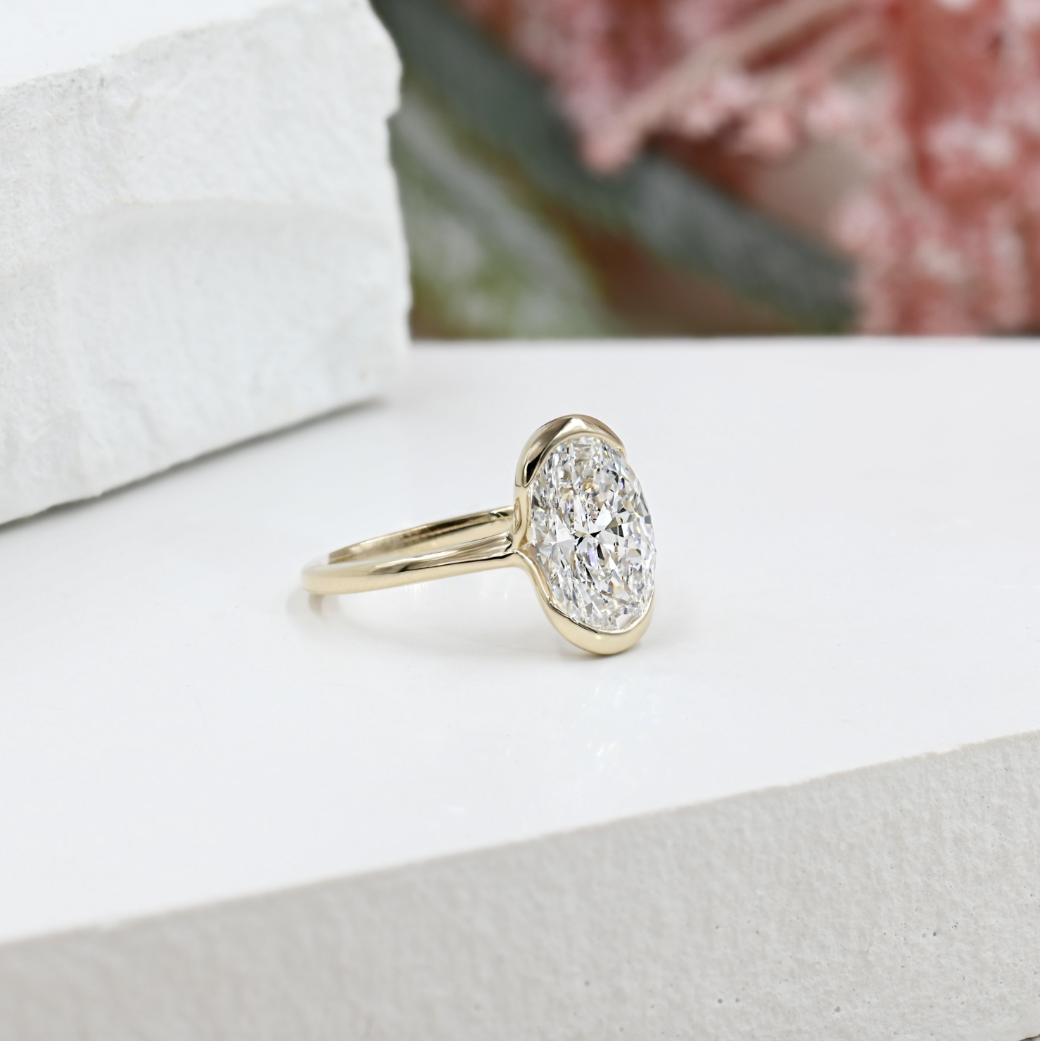 yellow gold part Bezel Oval Diamond Solitaire Engagement Rig