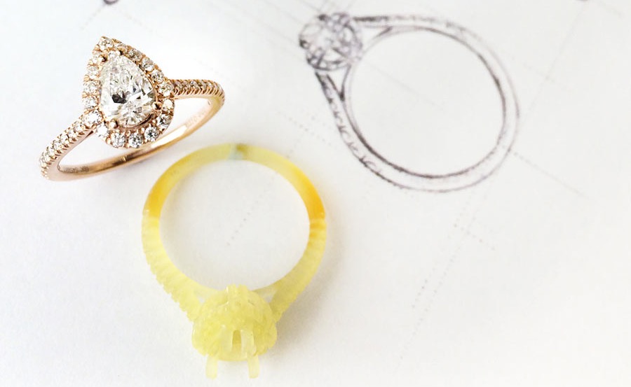 custom ring, pear shaped diamond, drawing of ring, pencil drawing, gold ring, wedding ring, engagement ring, halo ring, pear shaped engagement ring, pear shaped wedding ring, bridal jewelry, wax mold, die cast ring