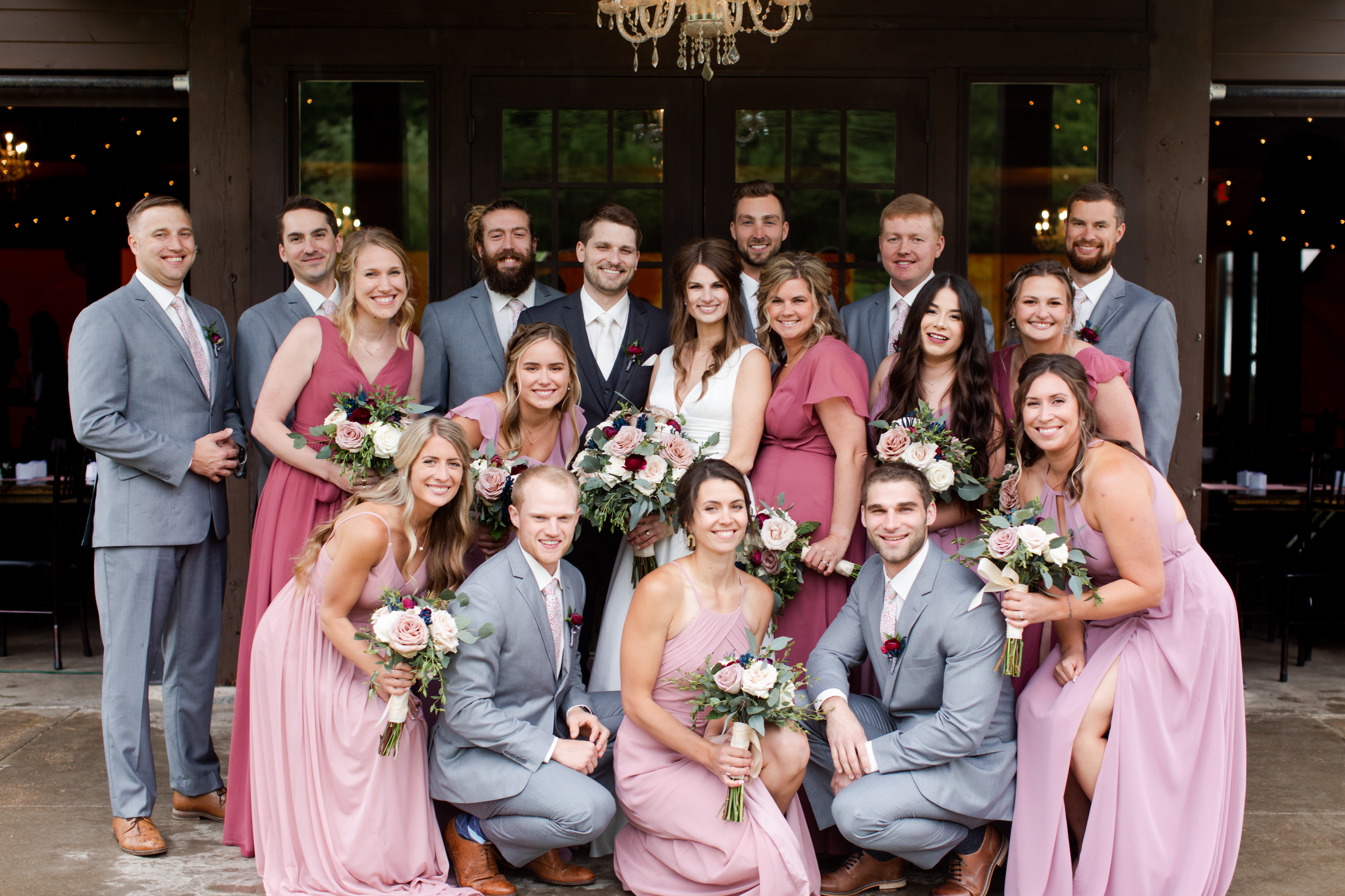 wedding party, bridesmaid dresses, blush-toned bridesmaid dresses, pink bridesmaid dresses, summer wedding, grey suit, groomsmen fashion, Minnesota wedding