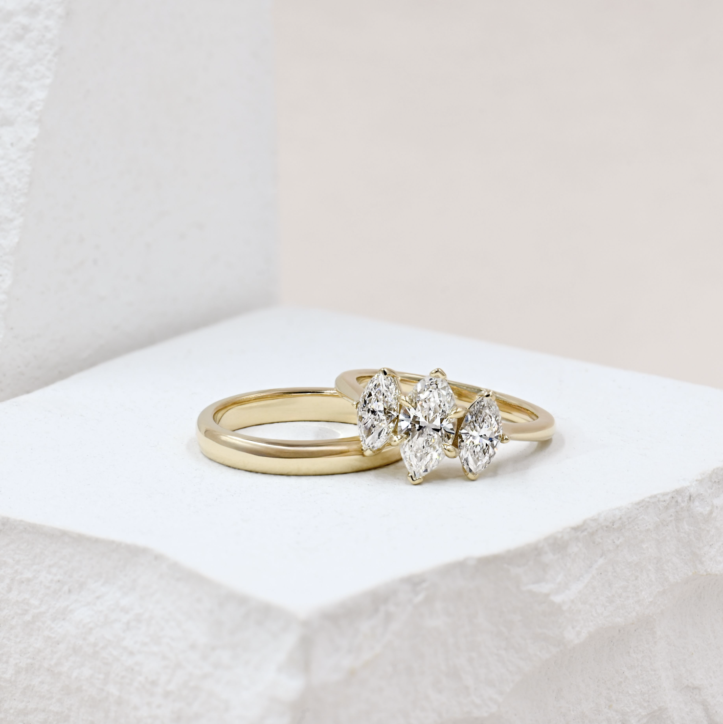 yellow gold three stone marquise diamond engagement ring