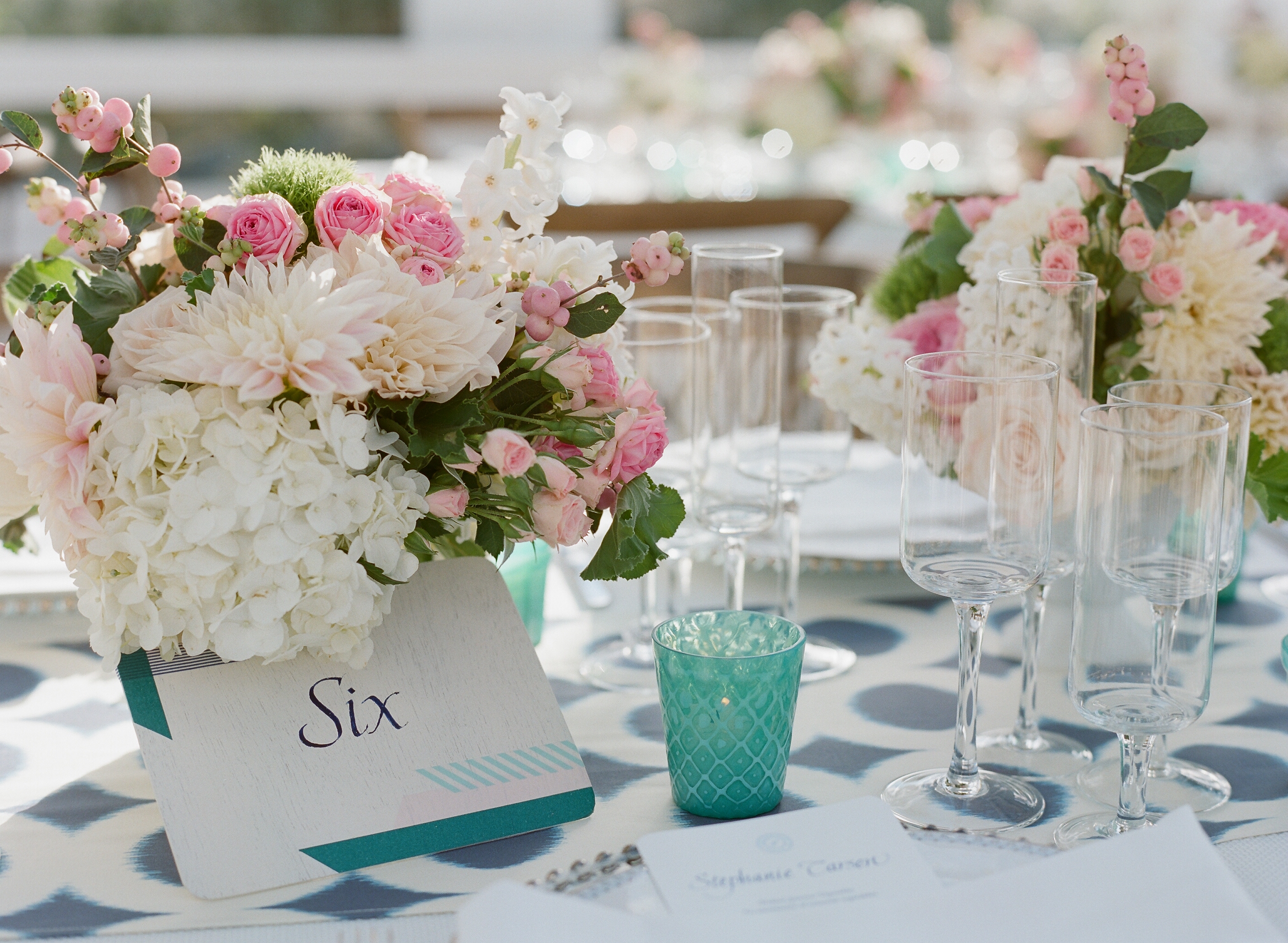 summer wedding decor, lakeside wedding decor, pink and white bouquet, pink and white flowers, pink and white arrangement, pink and white wedding flowers, tiffany blue, aqua wedding color, white and aqua wedding, wedding table, guest table, wine glasses, champagne flutes, aqua water glass, wedding centerpieces, blue and white tablecloth, place cards, table numbers