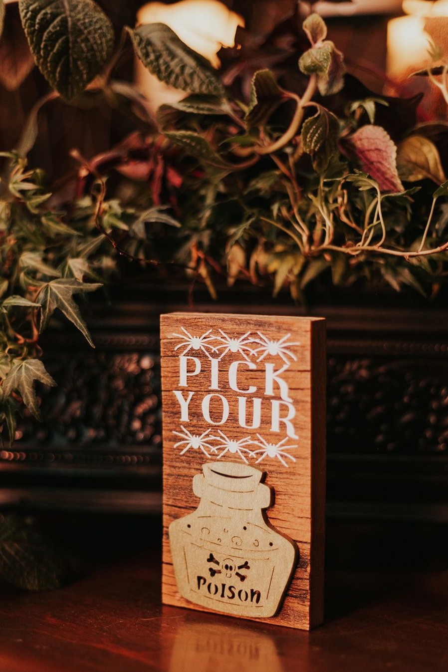 halloween-themed wedding bar decor