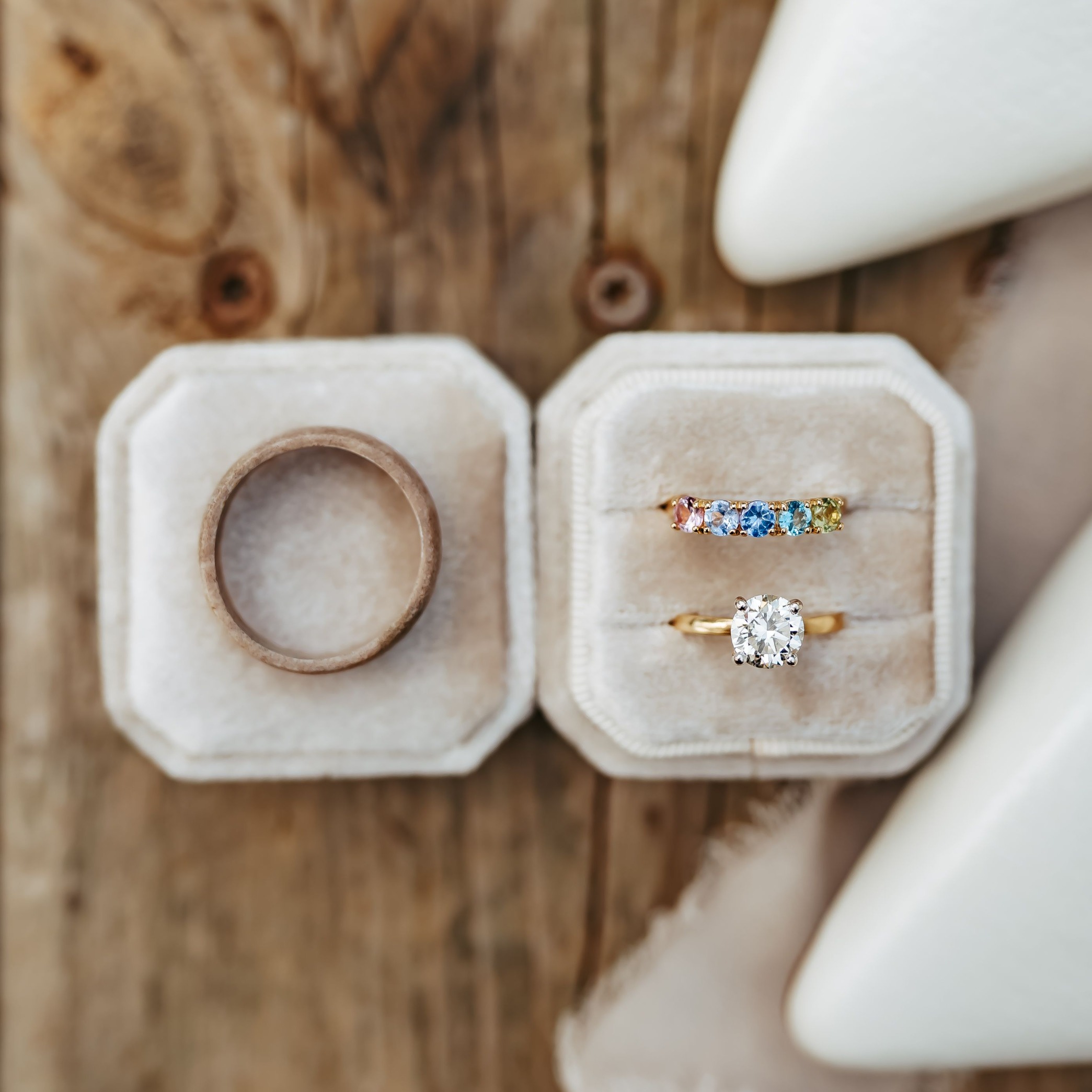 solitaire engagement ring with gemstone wedding band and men's rare wood wedding band