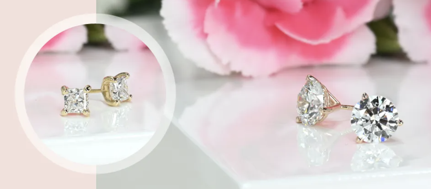 diamond stud earrings, princess cut diamond earrings, round diamond earrings