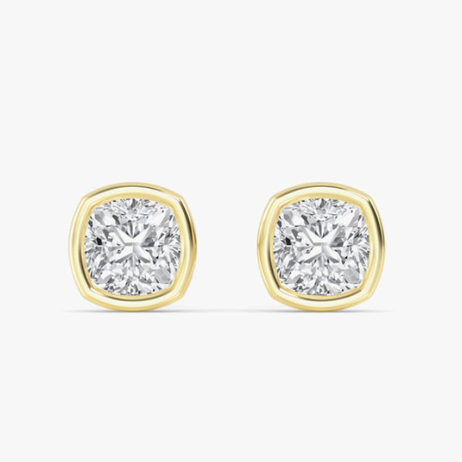 bezel mounted lab grown cushion diamond stud earrings