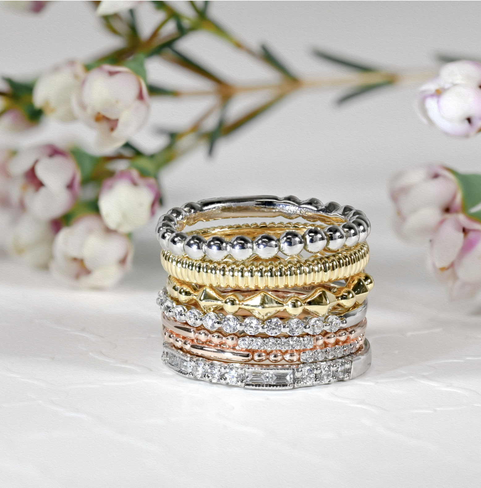 stack of mixed-metal and diamond stackable rings