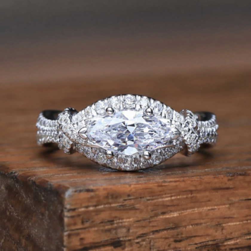 east west engagement ring, marquise diamond engagement ring,  white gold engagement ring
