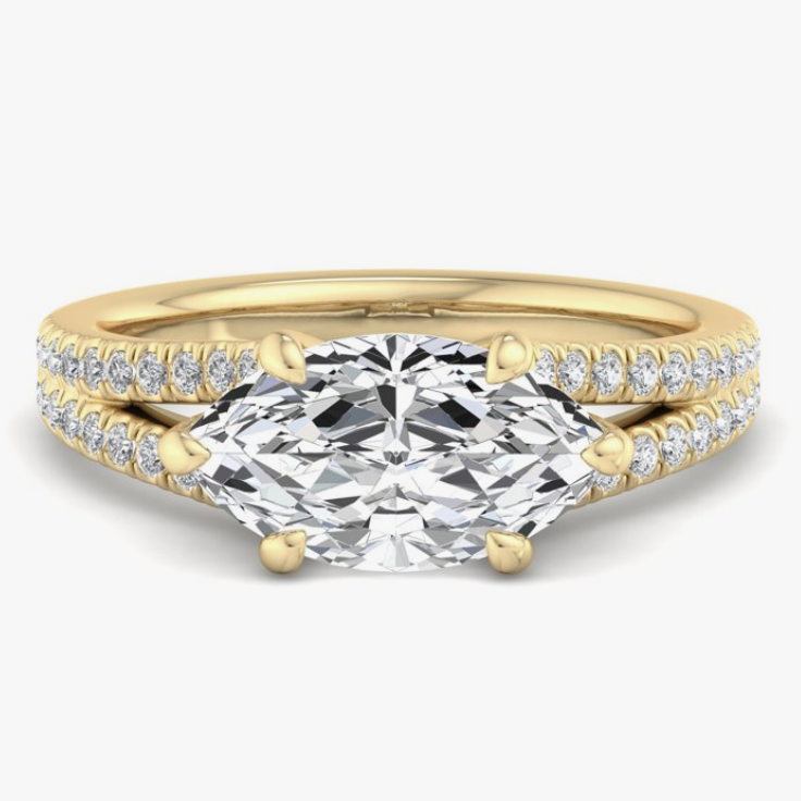 east and west marquise diamond engagement ring in split shank band