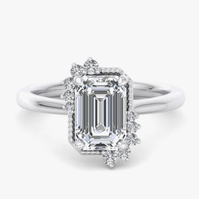 halo emerald cut diamond engagement ring