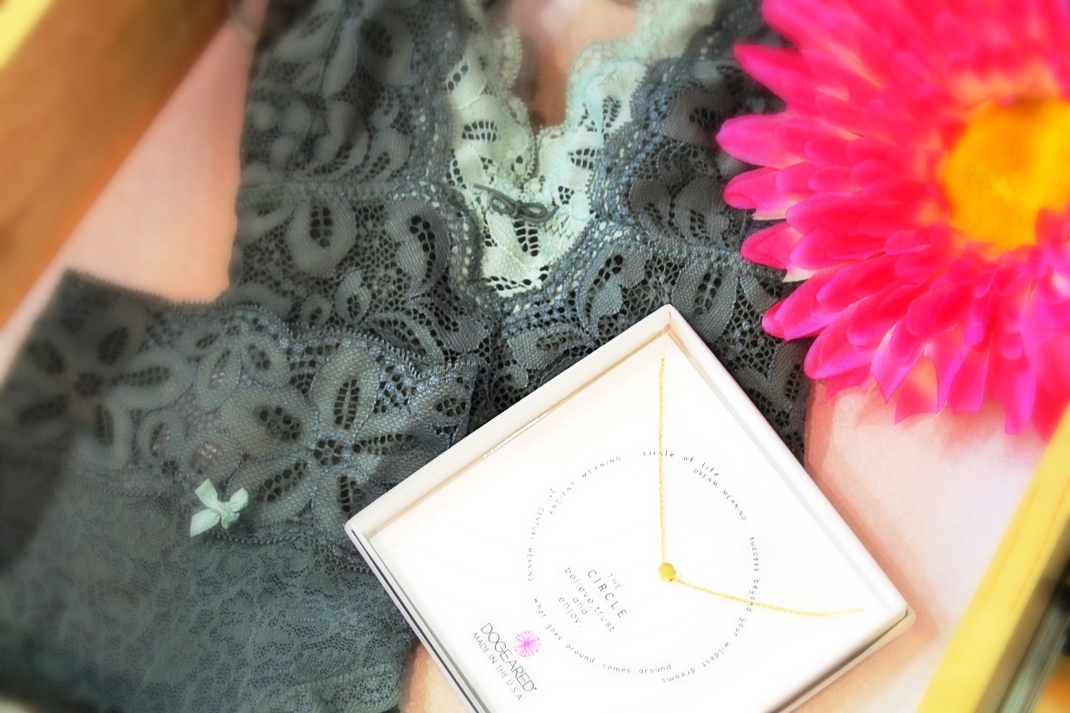 bra, panties, panty, bralette, lace, green lace, wireless bra, necklace, gold necklace, dogeared necklace, pink flower, daisy, bra drawer