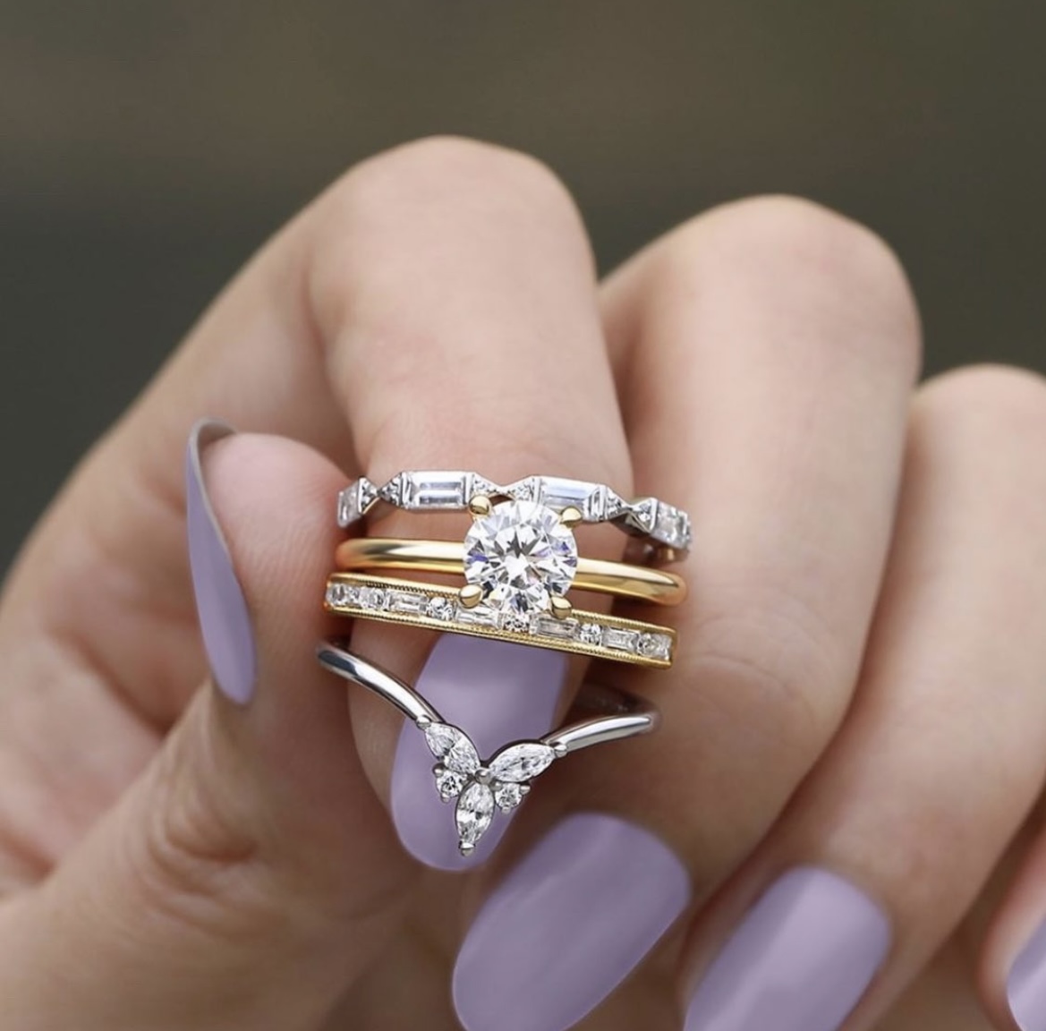 solitaire with wedding bands, solitaire with stackables, solitaire engagement ring, curved wedding band, mixed metal engagement ring