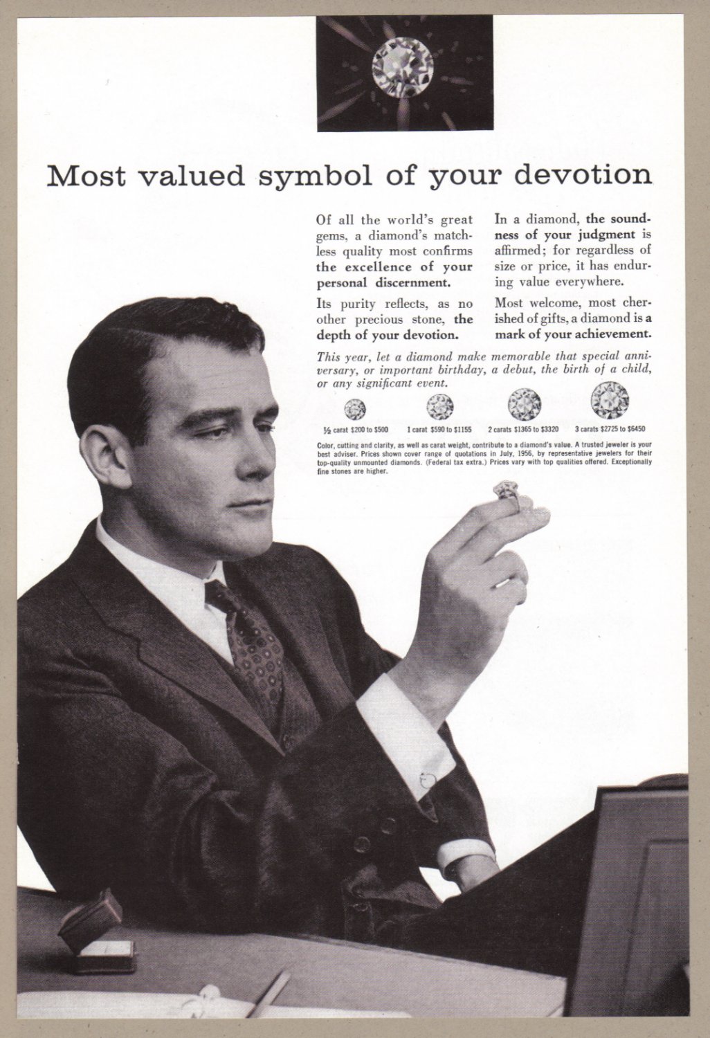 old advertisement, old diamond advertisement, old engagement ring advertisement, man in suit, man diamonds, tie, suit coat, jewelry box, picture frame, pen, pencil, paper,