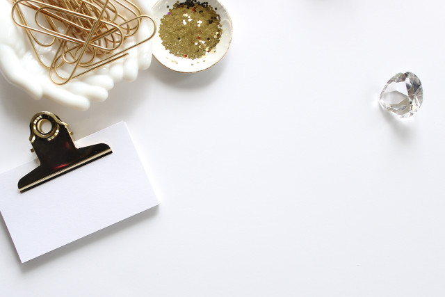 clipboard, notes, desktop, white and gold desktop, diamond, gold paperclips, glitter,
