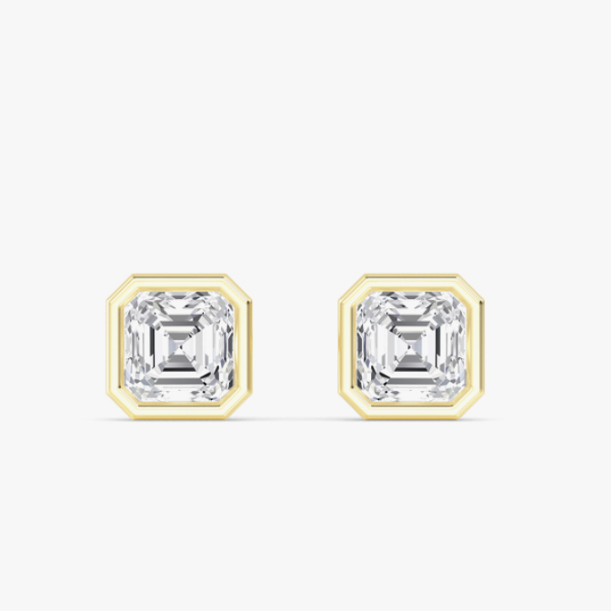 bezel mounted lab grown asscher diamond stud earrings