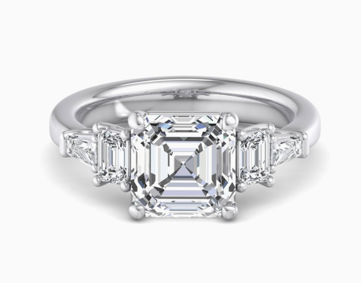 five-stone plantinum engagement ring with Asscher diamond