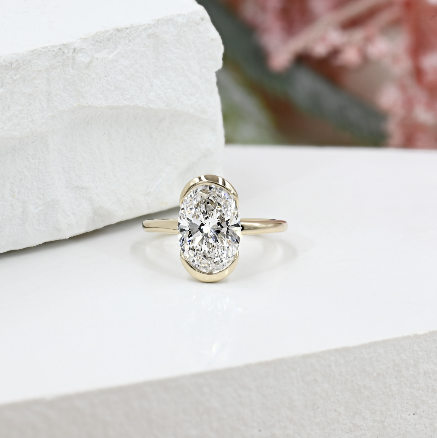 yellow gold part Bezel Oval Diamond Solitaire Engagement Rig