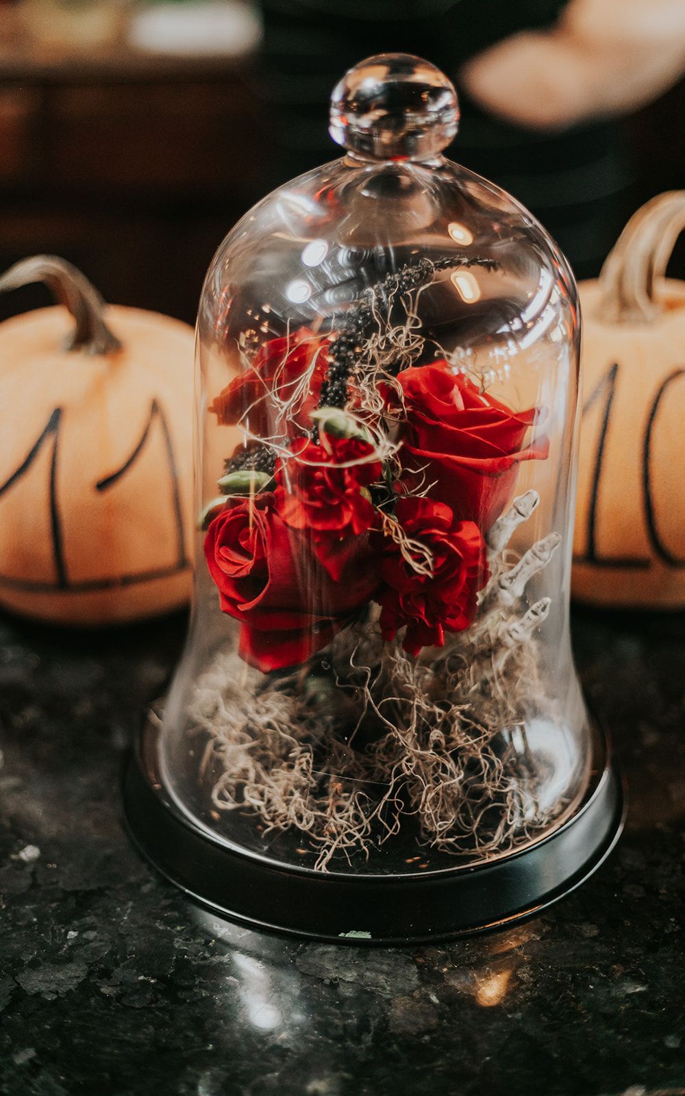 Dramatic wedding centerpiece for Halloween-themed wedding