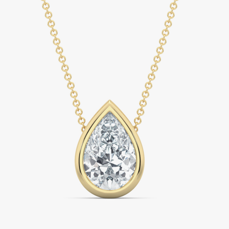 bezel mounted pear shaped diamond solitaire necklace